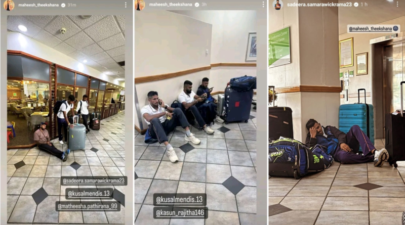 Sri Lankan players sit on the floor at the hotel in Zimbabwe