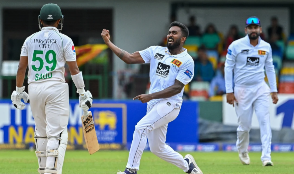 Asitha Fernando trapped Saud Shakeel lbw•Jul 26, 2023•AFP/Getty Images