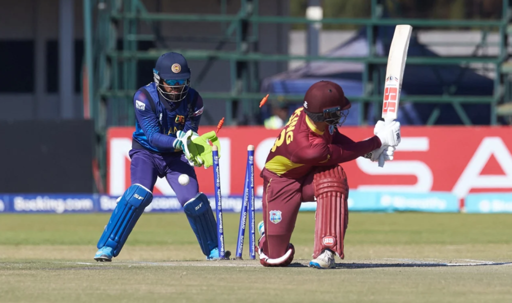 Brandon King is bowled•Jul 07, 2023•AFP/Getty Images