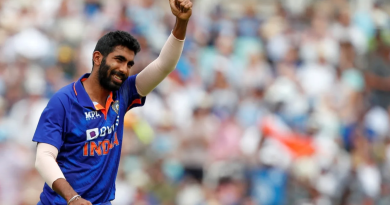 Jasprit Bumrah completed his five-for with the wicket of Brydon Carse•Jul 12, 2022•AFP/Getty Images
