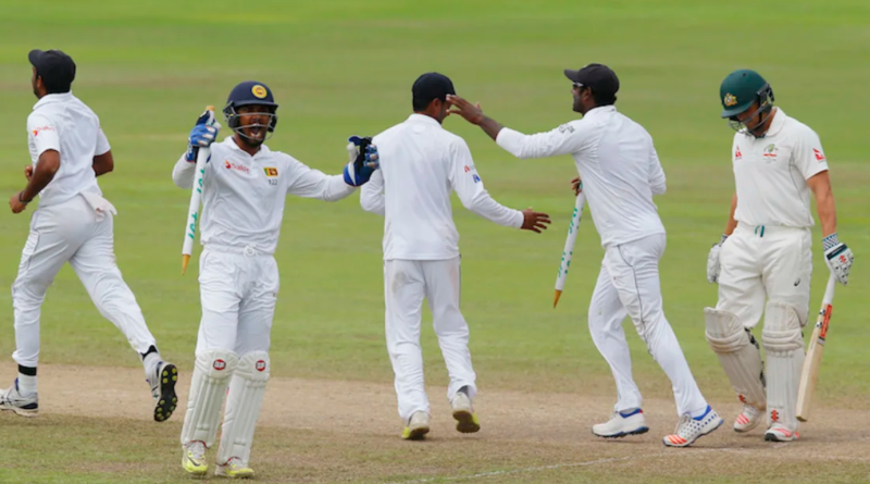 Sri Lanka players are delighted after securing their second ever Test win over Australia•Jul 30, 2016•Associated Press