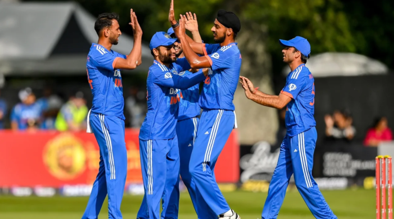Arshdeep Singh celebrates with team-mates a dismissal•Aug 20, 2023•Sportsfile via Getty Images