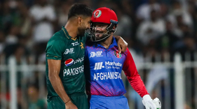 Haris Rauf and Rashid Khan share a light moment on field•Sep 07, 2022•AFP/Getty Images