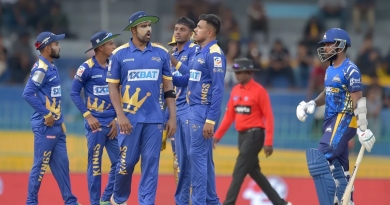 Jaffna Kings fielders celebrate the fall of a wicket•Aug 01, 2023•SLC