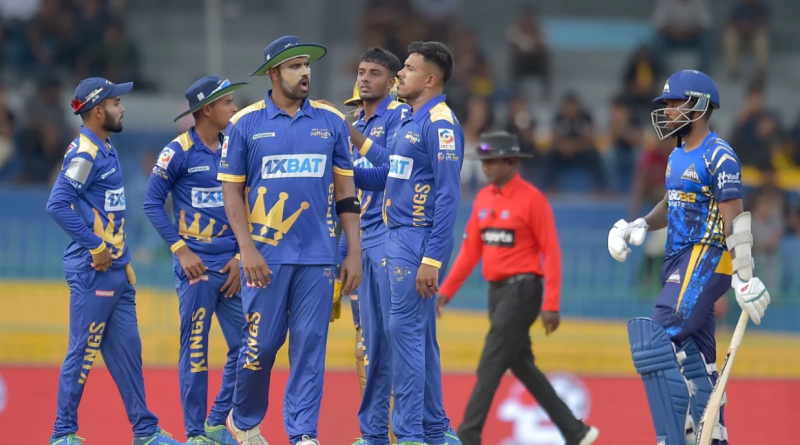 Jaffna Kings fielders celebrate the fall of a wicket•Aug 01, 2023•SLC