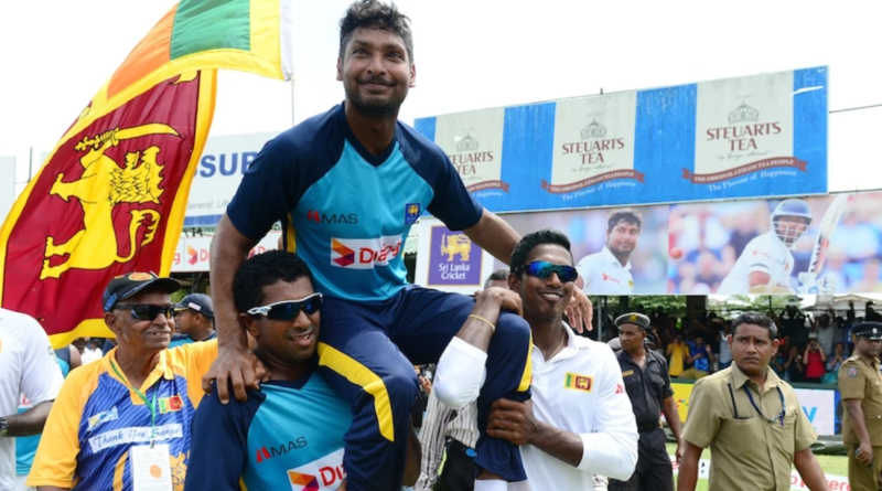 Kumar Sangakkara is carried around the ground by team-mates•Aug 24, 2015•AFP