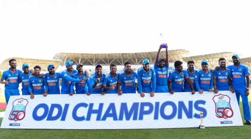 Mukesh Kumar holds the trophy aloft after India beat West Indies in the third ODI to take the series 2-1•Aug 01, 2023•AFP/Getty Images