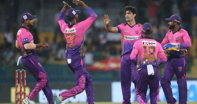 Naseem Shah gets together with team-mates to celebrate a wicket•Jul 31, 2023•SLC