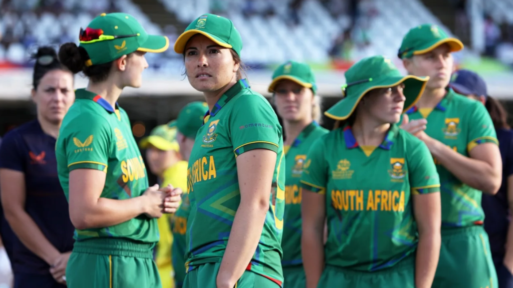 South Africa captain Sune Luus cuts a dejected figure•Feb 26, 2023•ICC via Getty Images