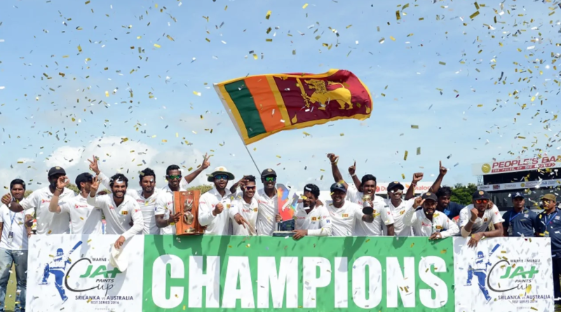 The Sri Lanka team celebrate their historic victory•Aug 17, 2016•AFP