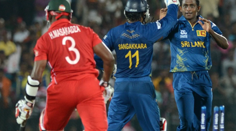 Ajantha Mendis celebrates the wicket of Hamilton Masakadza•Sep 18, 2012•AFP