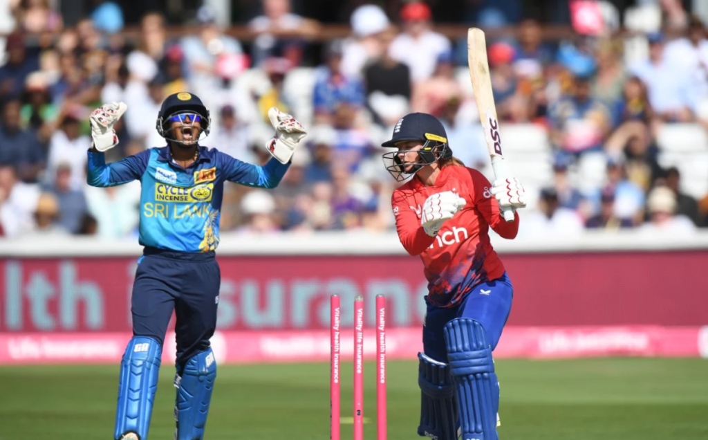 Danni Wyatt was bowled by Chamari Athapaththu in the opening over•Sep 02, 2023•ECB via Getty Images