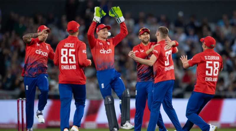 England's fielders celebrate as Gus Atkinson claims Devon Conway for his first international wicket•Sep 01, 2023•AFP/Getty Images