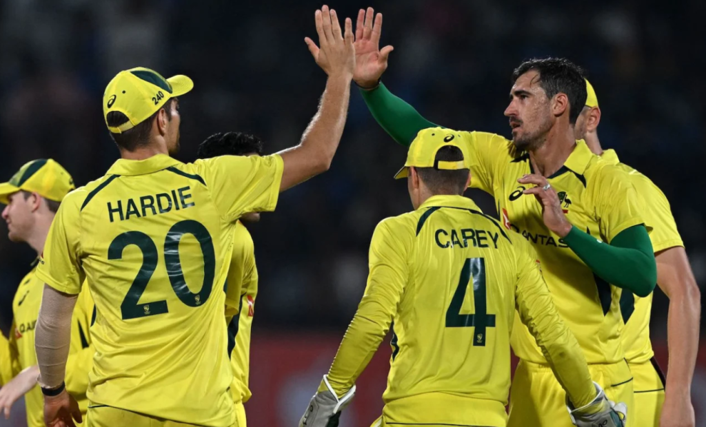 Mitchell Starc joined the wickets tally in the 36th over•Sep 27, 2023•AFP/Getty Images