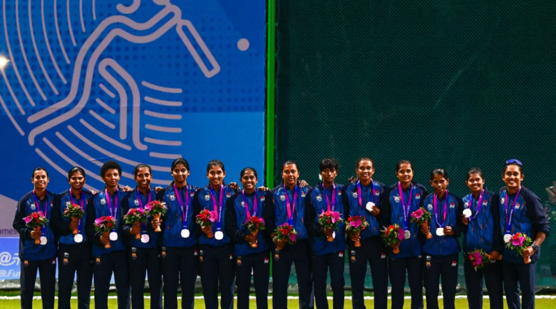The Sri Lanka women's team is all smiles after securing a silver medal at the Asian Games•Sep 25, 2023•AFP/Getty Images