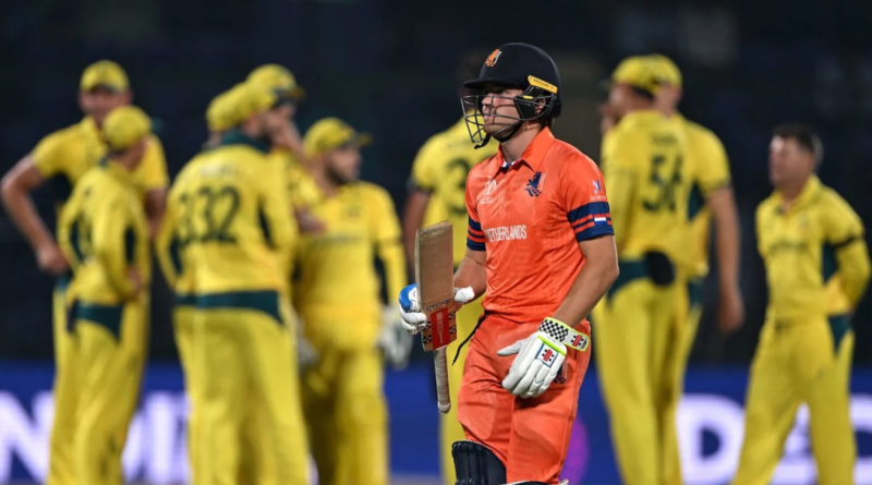 A review didn't save Bas de Leede from being out lbw•Oct 25, 2023•AFP/Getty Images