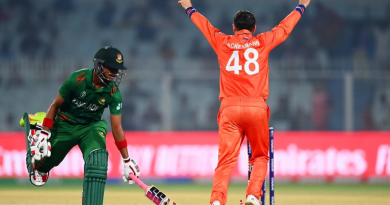 Colin Ackermann celebrates the run out of Mahedi Hasan •Oct 28, 2023•ICC/Getty Images