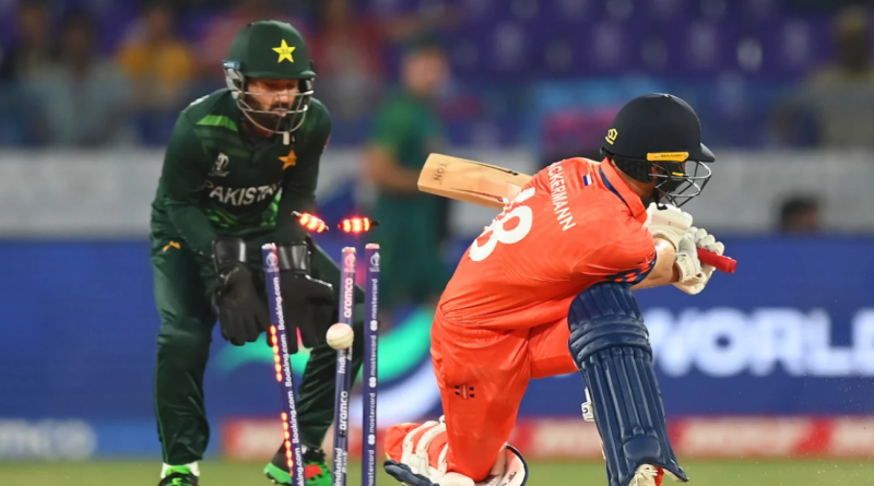 Colin Ackermann misses with his sweep, and is bowled by Iftikhar Ahmed•Oct 06, 2023•ICC via Getty Images