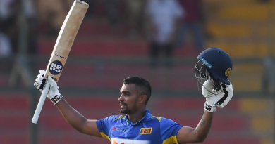 Danushka Gunathilaka raises his bat after getting to hundred•Oct 02, 2019•Getty Images