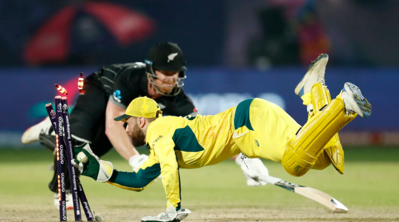 Josh Inglis ran out James Neesham to leave New Zealand needing six runs off the last ball•Oct 28, 2023•ICC/Getty Images