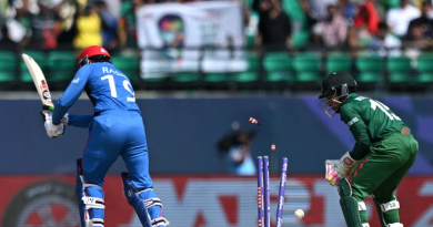 Rashid Khan missed a straighter one from Mehidy Hasan Miraz•Oct 07, 2023•AFP/Getty Images