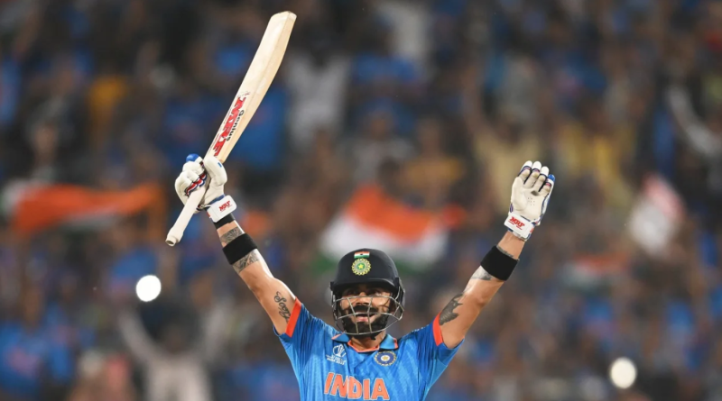 Virat Kohli is ecstatic after scoring his 48th century•Oct 19, 2023•ICC/Getty Images