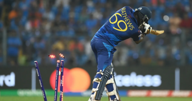 Angelo Mathews was knocked over by Mohammed Shami•Nov 02, 2023•ICC/Getty Images