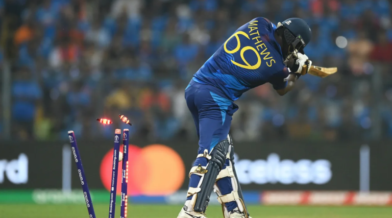 Angelo Mathews was knocked over by Mohammed Shami•Nov 02, 2023•ICC/Getty Images