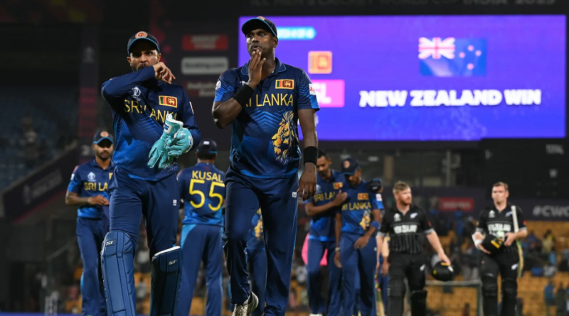 Kusal Mendis and Angelo Mathews walk off the field after Sri Lanka's big defeat•Nov 09, 2023•ICC via Getty Images