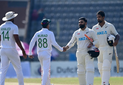 Ajaz Patel and Ish Sodhi shake hands with Hasan Murad and Khaled Ahmed after the game•Dec 02, 2023•AFP/Getty Images