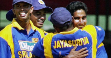 Chaminda Vaas celebrates with skipper Jayasuriya and other teammates the dismissal of another Zimbabwe batsmen•Dec 09, 2001•Sena Vidanagama/AFP