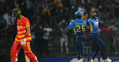 Sri Lanka celebrate seeing the end of Craig Ervine's innings•Jan 21, 2022•AFP/Getty Images