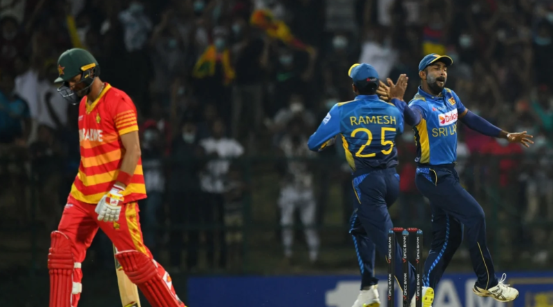 Sri Lanka celebrate seeing the end of Craig Ervine's innings•Jan 21, 2022•AFP/Getty Images