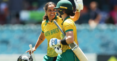 Laura Wolvaardt and Chloe Tryon celebrate South Africa first win against Australia•Jan 28, 2024•Getty Images