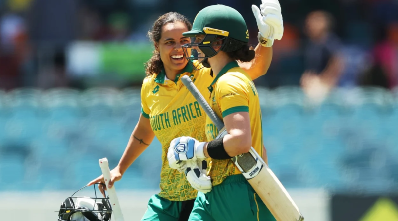 Laura Wolvaardt and Chloe Tryon celebrate South Africa first win against Australia•Jan 28, 2024•Getty Images