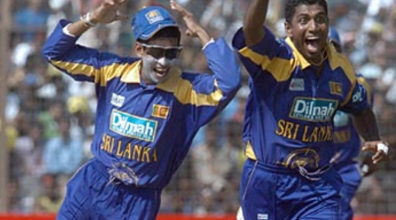 Dammika Prasad and Tillakaratne Dilshan celebrate•Feb 25, 2006•AFP