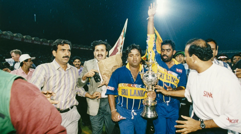 Arjuna Ranatunga and Asanka Gurusinha celebrate after winning the World Cup•Mar 17, 1996•Getty Images