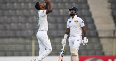 Shoriful Islam got Dimuth Karunaratne for 52 late in the day•Mar 23, 2024•AFP/Getty Images