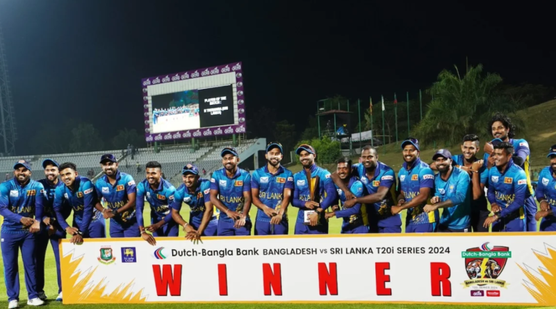 The Sri Lanka players point to their wrists - a reference to the controversial Angelo Mathews timed-out dismissal - after winning the series•Mar 09, 2024•BCB
