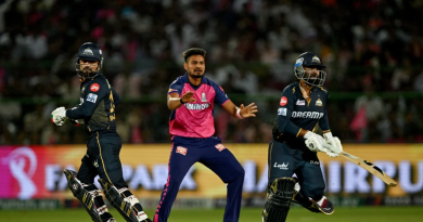 Rashid Khan and Rahul Tewatia run between the wickets as Kuldeep Sen reacts•Apr 10, 2024•Getty Images