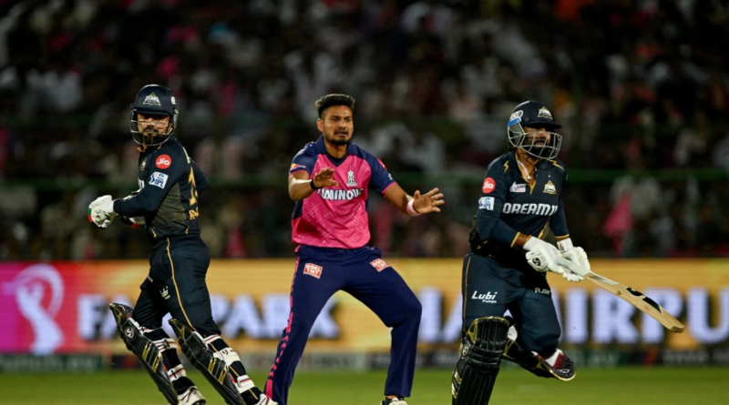 Rashid Khan and Rahul Tewatia run between the wickets as Kuldeep Sen reacts•Apr 10, 2024•Getty Images