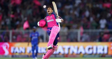 Yashasvi Jaiswal leaps in the air after scoring his second IPL hundred•Apr 22, 2024•BCCI
