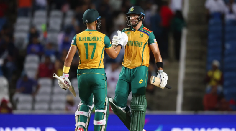 Reeza Hendricks and Aiden Markram put on an unbroken stand of 55 to take South Africa home•Jun 26, 2024•Getty Images