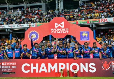 The Sri Lankan team with its spoils after a first bilateral ODI series win against India in 27 years•Aug 07, 2024•AFP/Getty Images