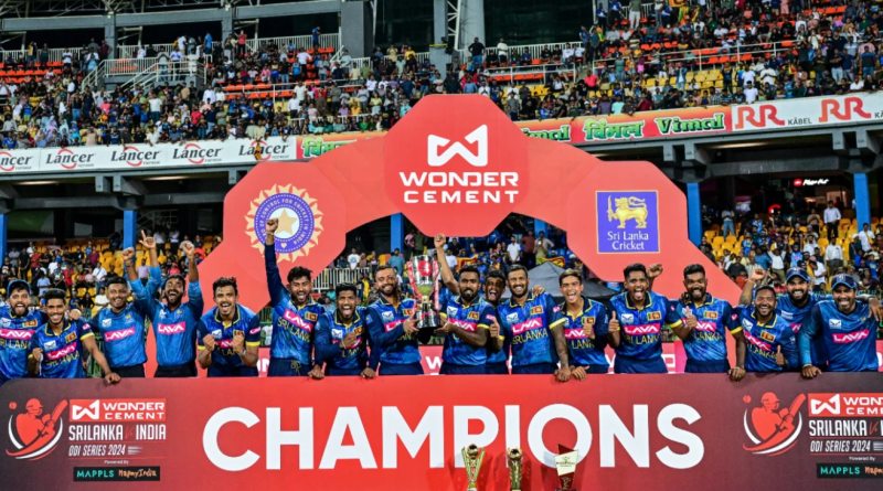 The Sri Lankan team with its spoils after a first bilateral ODI series win against India in 27 years•Aug 07, 2024•AFP/Getty Images