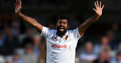 Lahiru Kumara pleads for the wicket of Olly Stone•Sep 08, 2024•Gareth Copley/Getty Images