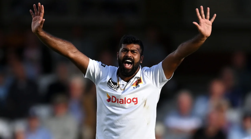 Lahiru Kumara pleads for the wicket of Olly Stone•Sep 08, 2024•Gareth Copley/Getty Images