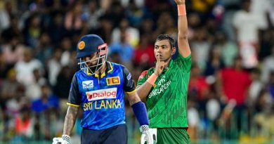 Tanvir Islam celebrates dismissing Nishan Madushka•Jul 05, 2025•AFP/Getty Images