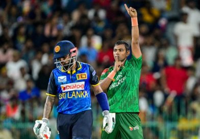 Tanvir Islam celebrates dismissing Nishan Madushka•Jul 05, 2025•AFP/Getty Images