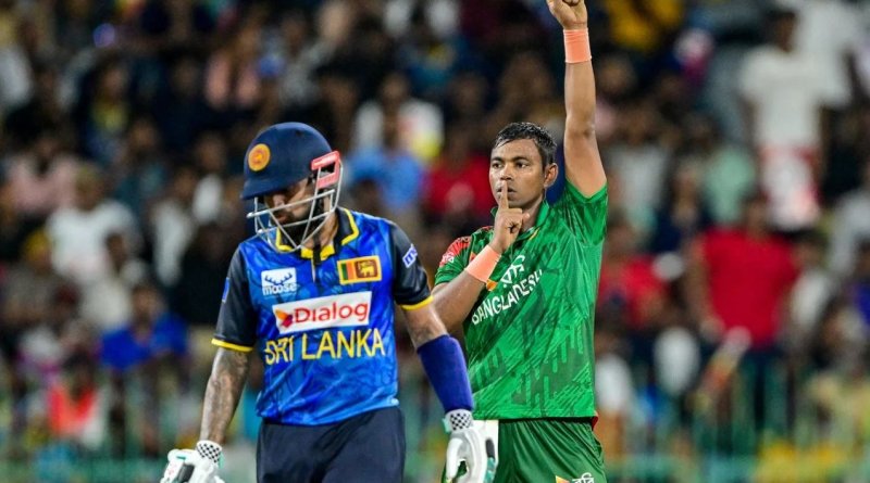Tanvir Islam celebrates dismissing Nishan Madushka•Jul 05, 2025•AFP/Getty Images